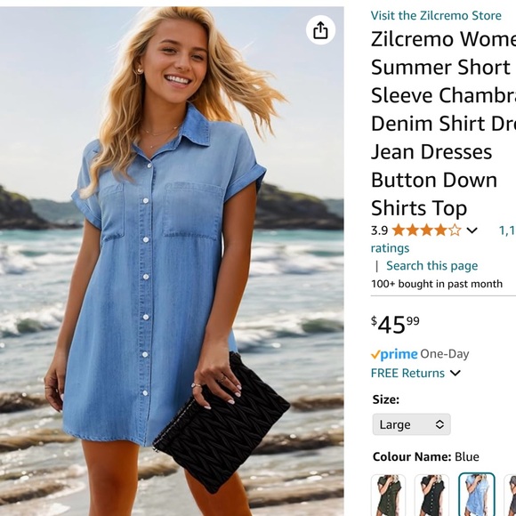 NWT Zilcremo Short Sleeve Chambray Denim Button Down Jean Shirt Dress, S… - Picture 4 of 8